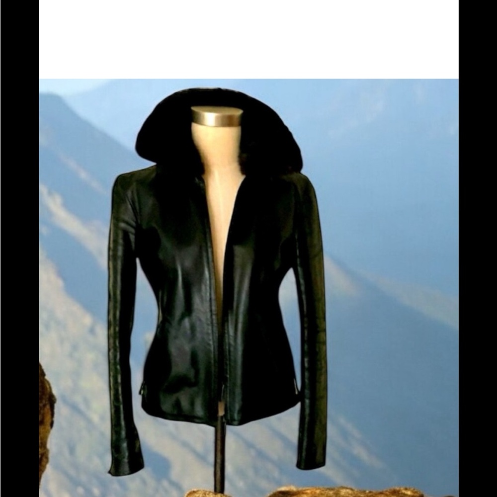 Vintage Mink Sheatling Black Leather Jacket/Coat with mink collar